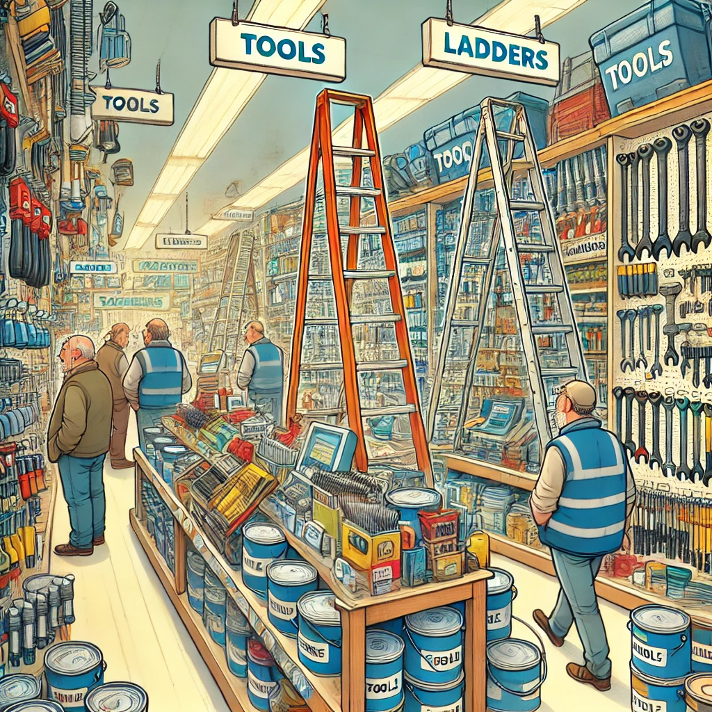 Ladders in a busy hardware store